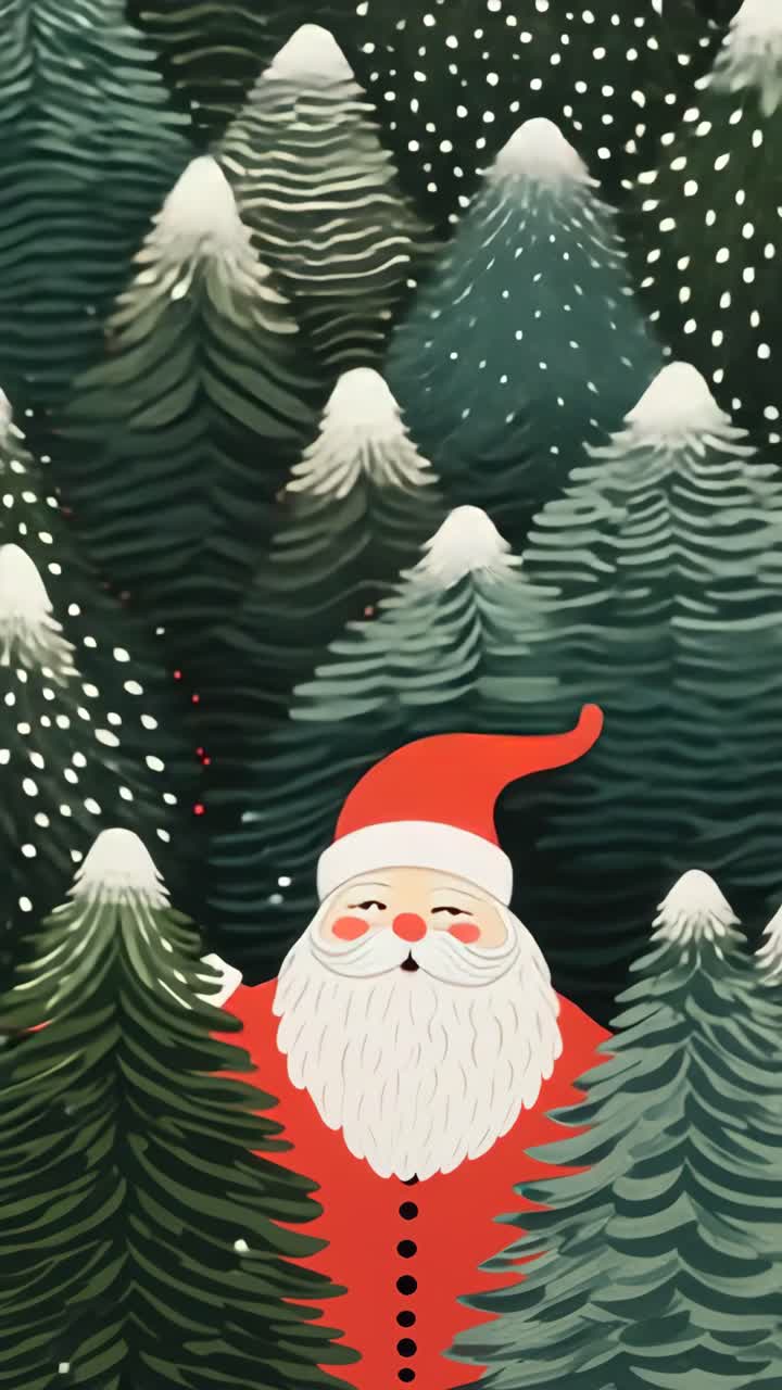 Aerial view of a festive video concept featuring a stylized Santa amid snow-dusted pine trees