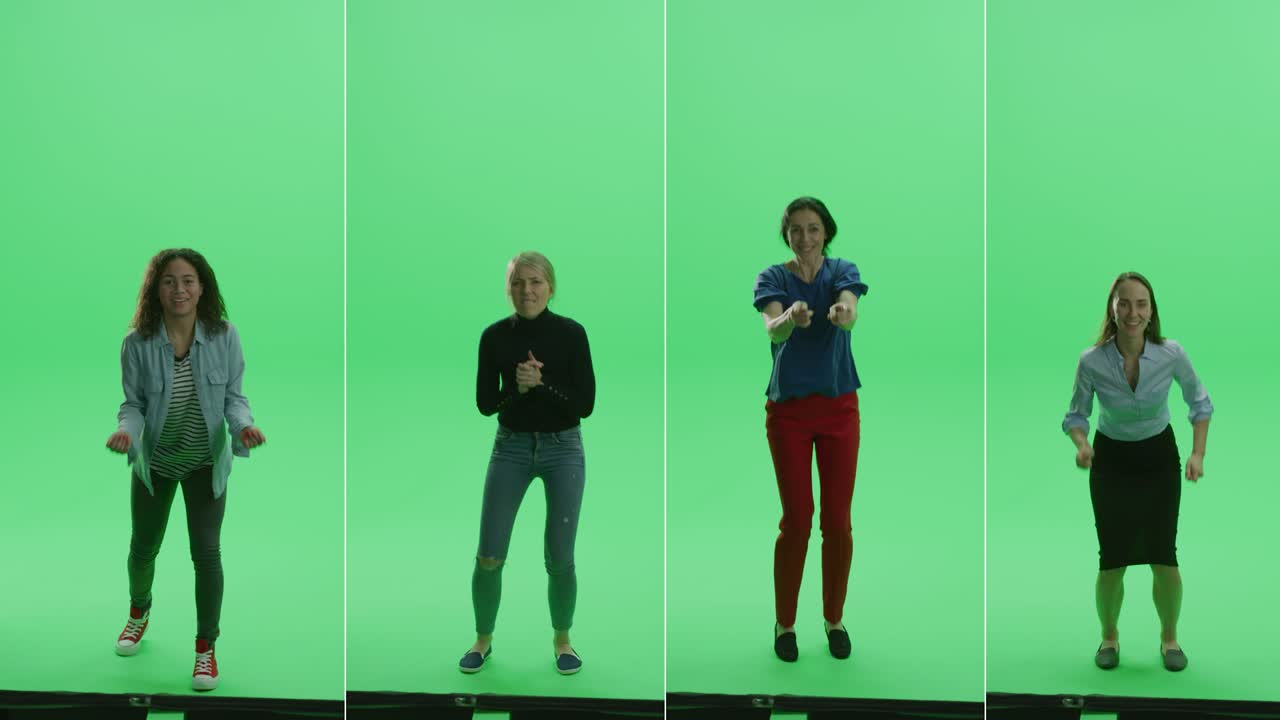 4 인 1 스플릿 그린 스크린 스튜디오: 다양한 민족의 4 명의 아름다운 여성이 스포츠 행사, 콘서트, 페스티벌, 파티에서 승리를 축하하고 축하합니다.