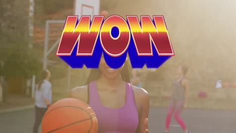 Animation-of-wow-text-over-woman-holding-ball