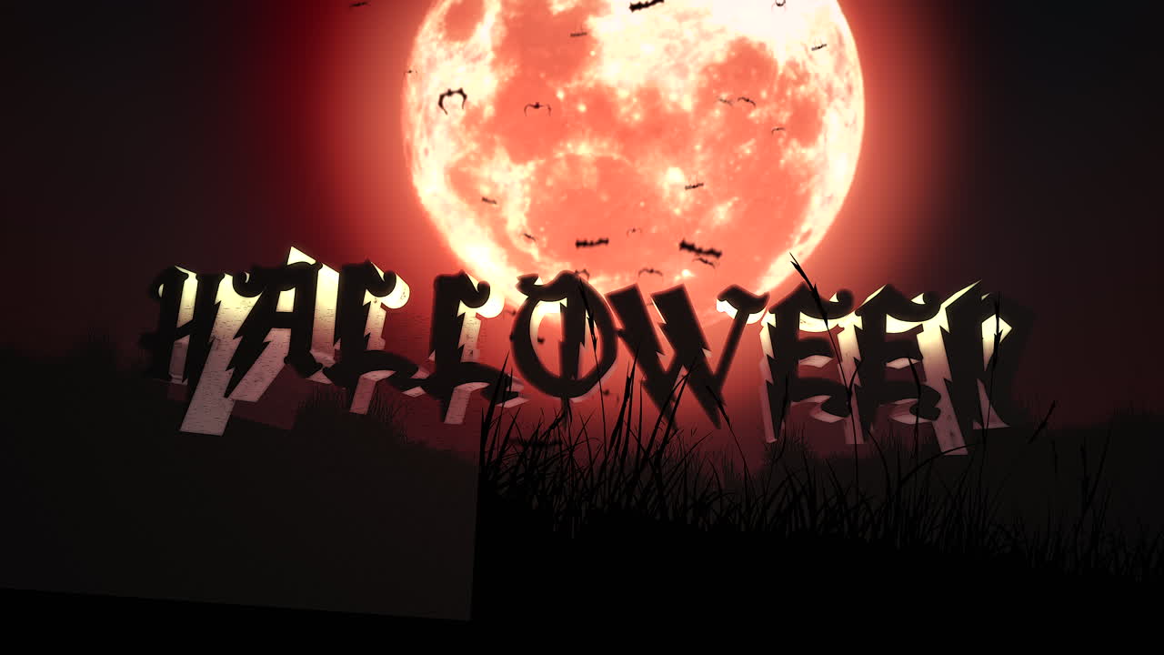 halloween con luna roja y murciélagos voladores en el cielo nocturno oscuro