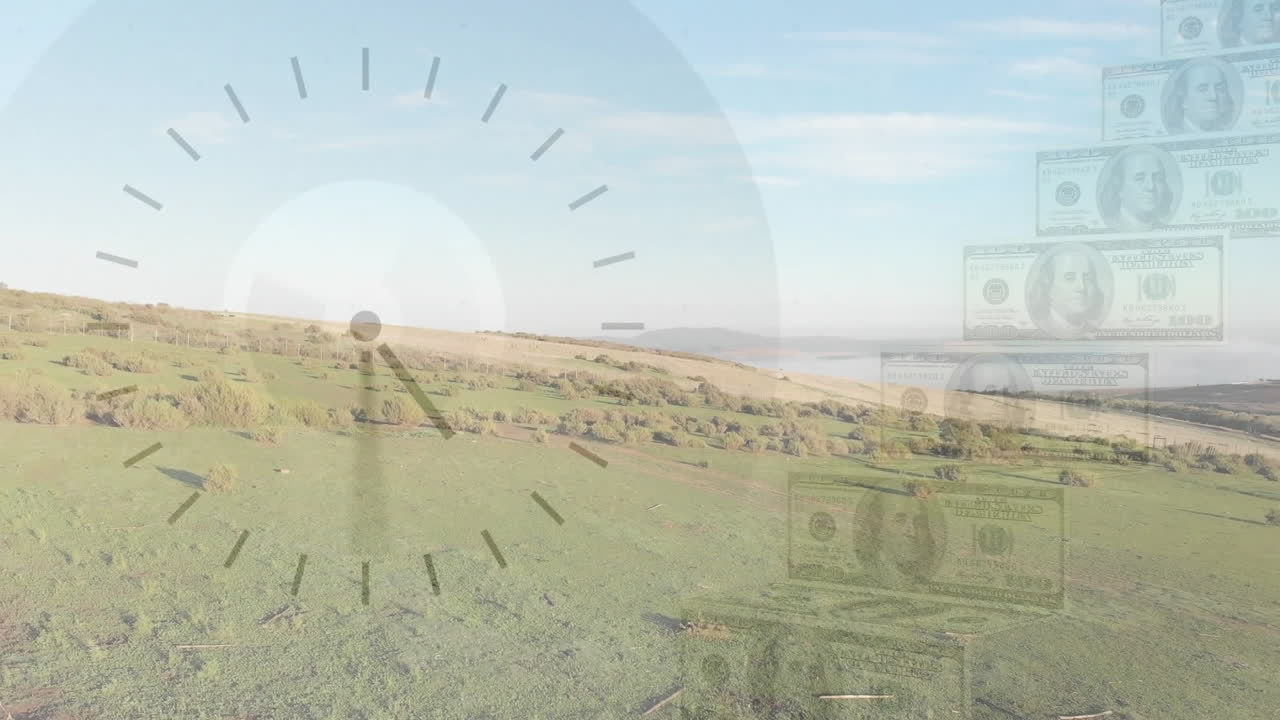 도시 풍경 위에 움직이는 시계와 달러 지폐의 애니메이션