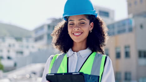 tablet, face and engineering woman in city