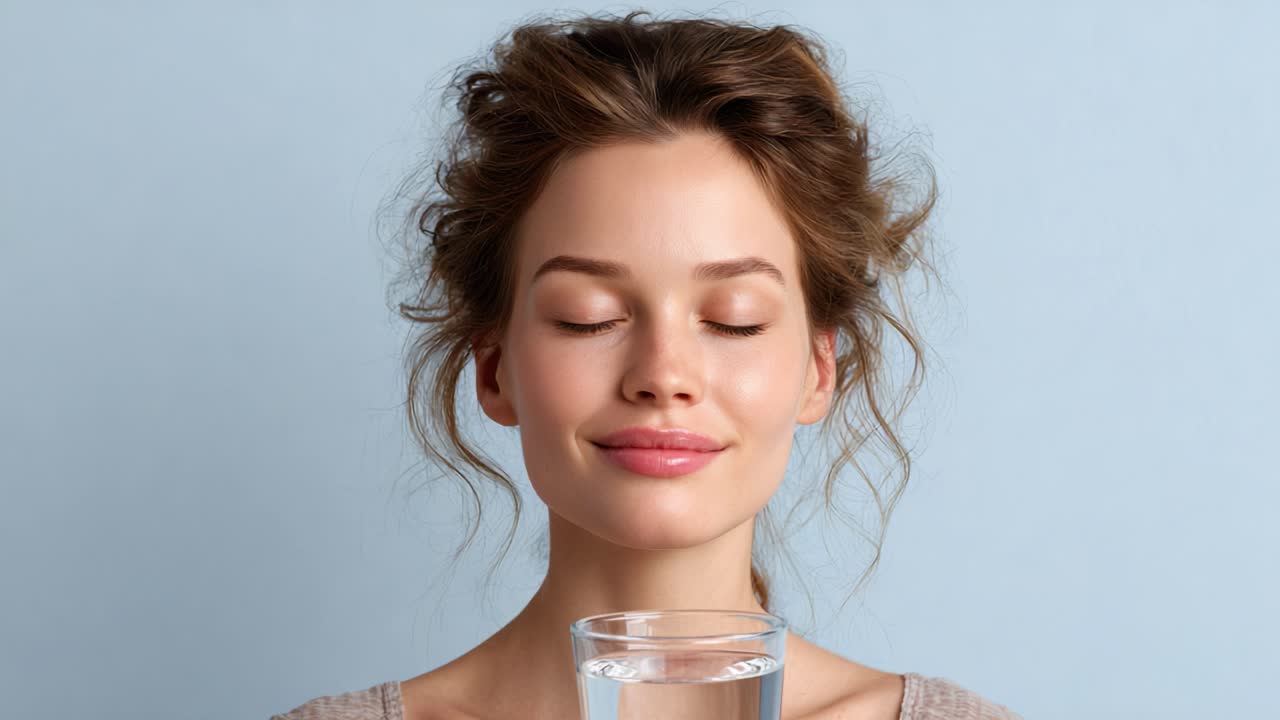 A serene moment featuring a young woman joyfully engaging with a glass of clear water, embodying wellness and tranquility against a gentle blue background