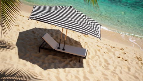 tropical beach scene with umbrella and lounge chair