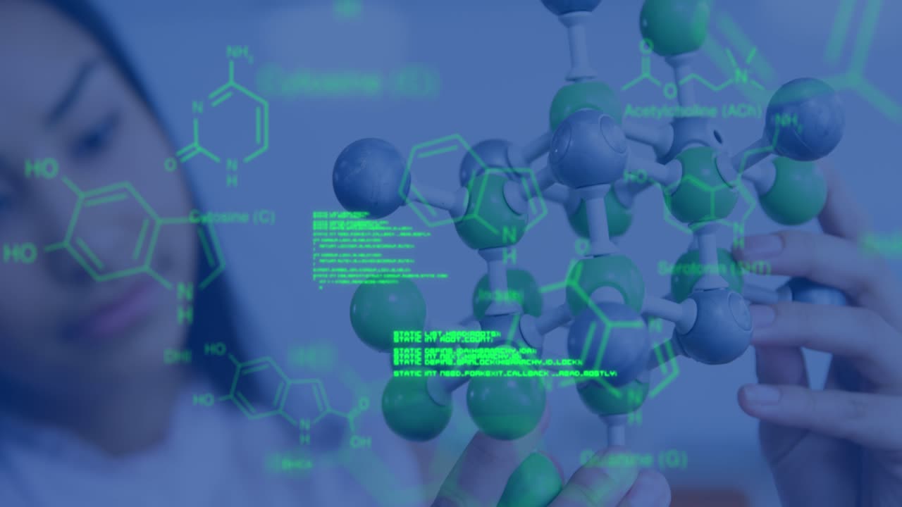 Animation of data processing and chemical formula over schoolgirl