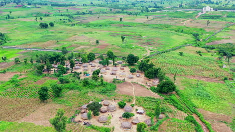 traditional village in central nigeria with grass huts - push forward aerial