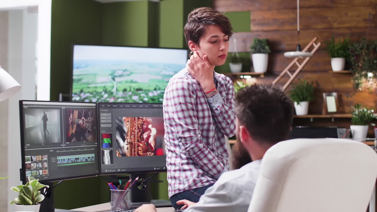 Team of video editors working on a project