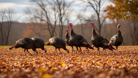 A Beautiful Autumn Scene Featuring a Group of Wild Turkeys foraging Among Colorful Fallen Leaves in a Serene Natural Setting
