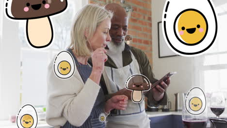animación de iconos de alimentos sobre una pareja diversa usando una tableta en la cocina