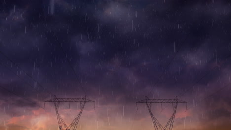 animación de la lluvia y la tormenta sobre los postes de electricidad al atardecer