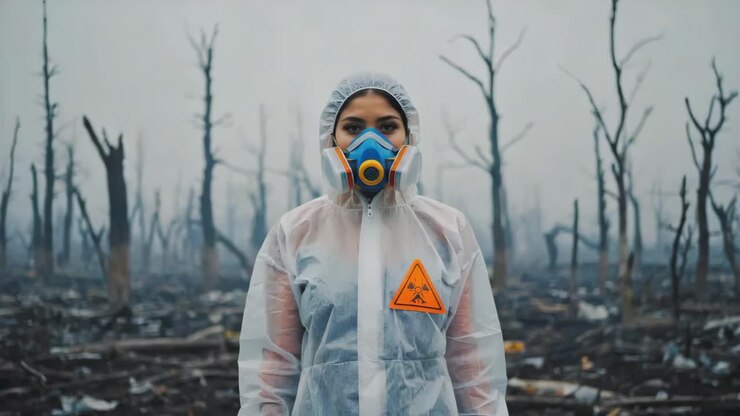 Persona in tuta protettiva in un ambiente pericoloso