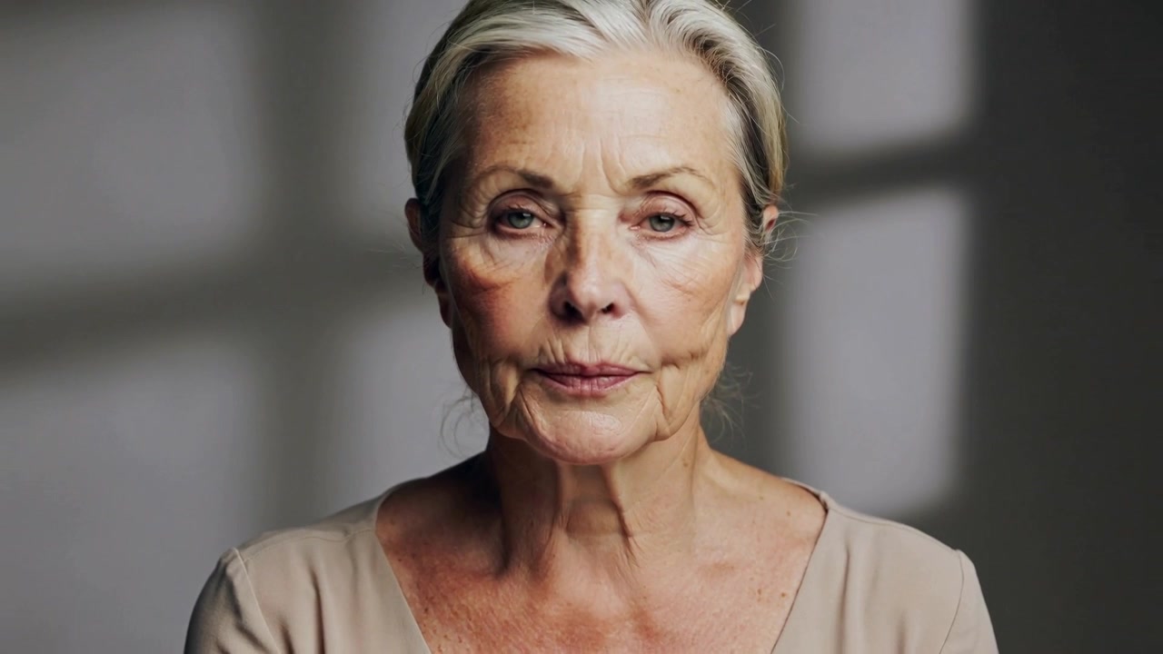 Breathing senior woman in beige top opening eyes and meeting camera gaze, studio window light patch