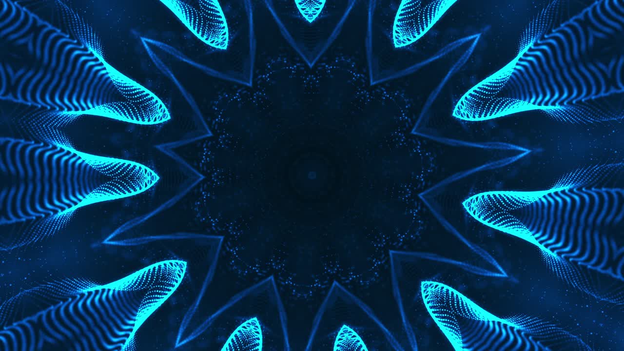 Blue flower with black background and circular design. Kaleidoscope VJ loop