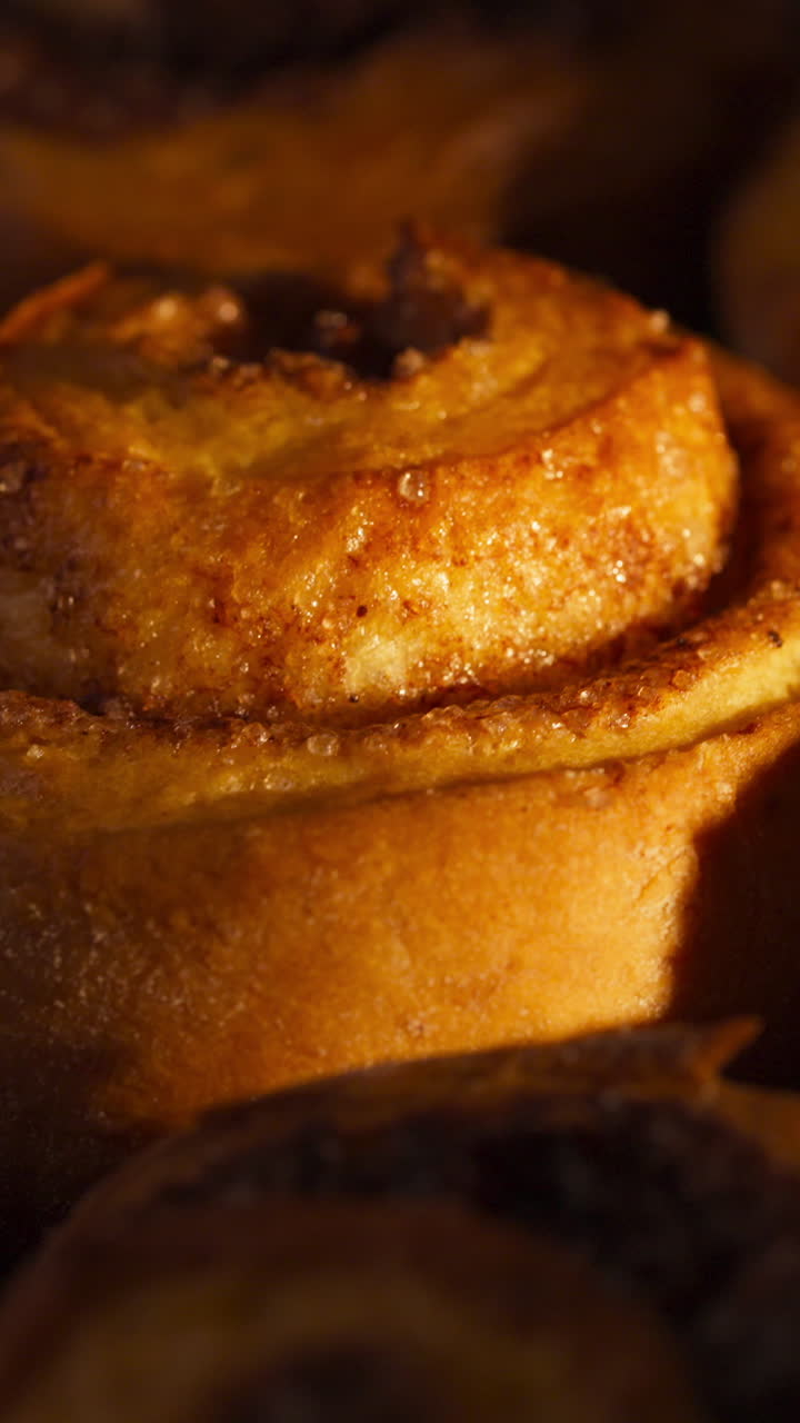 Close-up Of Golden Brown Cinnamon Roll Baking Inside An Oven. vertical shot
