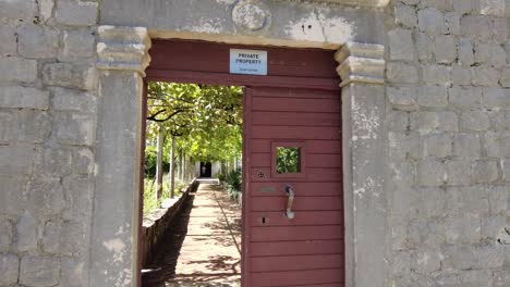 entrar por la puerta abierta en un viñedo bañado por el sol en un hermoso día en las islas elafiti, croacia, evoca el concepto de serenidad, belleza natural y exploración tranquila.