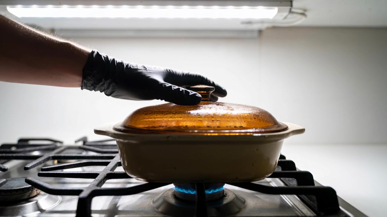 Main gantée entrant par la gauche sur le couvercle d'une marmite ambrée sur une cuisinière à gaz, stabilisant pendant la cuisson.
