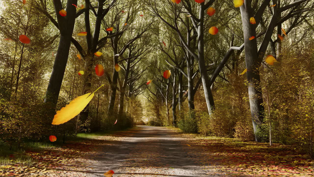Autumn Forest Path with Falling Leaves