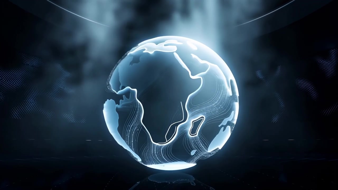 A luminous blue Earth-like sphere floats in a dark futuristic scene with soft beams, contour lines, and subtle reflections, suggesting global technology