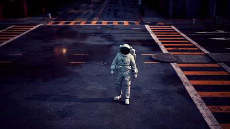 astronaut in a deserted city at night