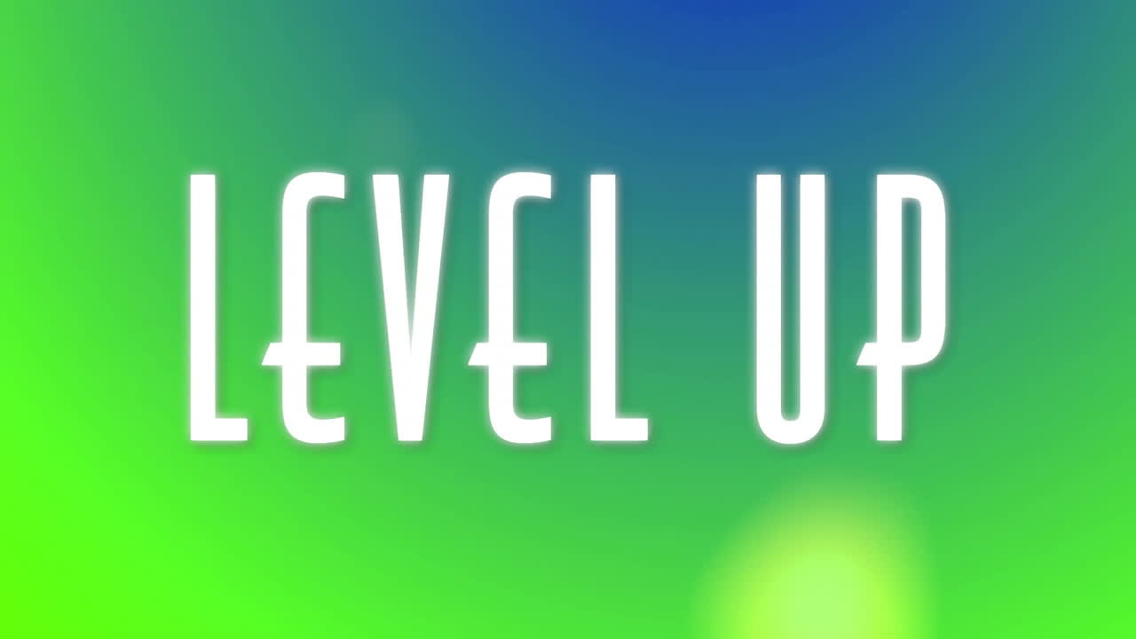 Level up text animation over green and blue gradient background