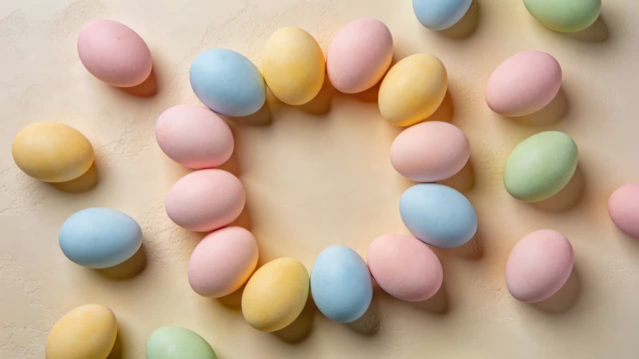 Marcos que se desplazan empujando un anillo de huevos pastel, girando huevos sueltos sobre una superficie beige pálido, luz suave.