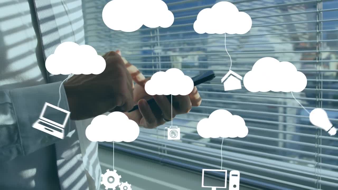 Animation of digital clouds with electronic devices over caucasian man using smartphone
