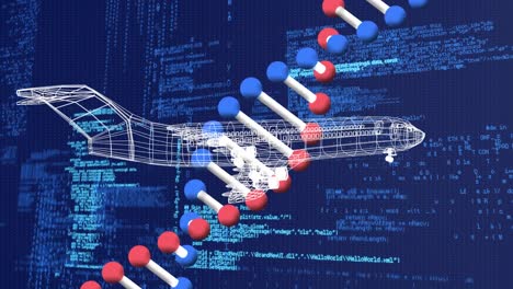 Animation-Eines-DNA-Strangs-Und-Eines-3D-Flugzeugmodells,-Das-Sich-über-Die-Datenverarbeitung-Auf-Blauem-Hintergrund-Dreht