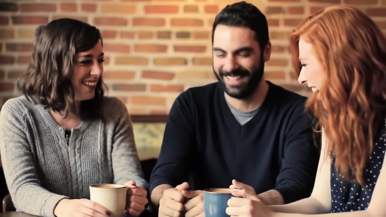 Friends Share Laughter and Coffee at a Cozy Cafe in the Late Afternoon