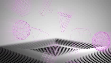 Animation-Von-Geometrischen-3D-Formen-über-Einer-Schwarzen-Und-Grauen-Pyramide-Aus-Konzentrischen-Linien-Auf-Grauem-Hintergrund