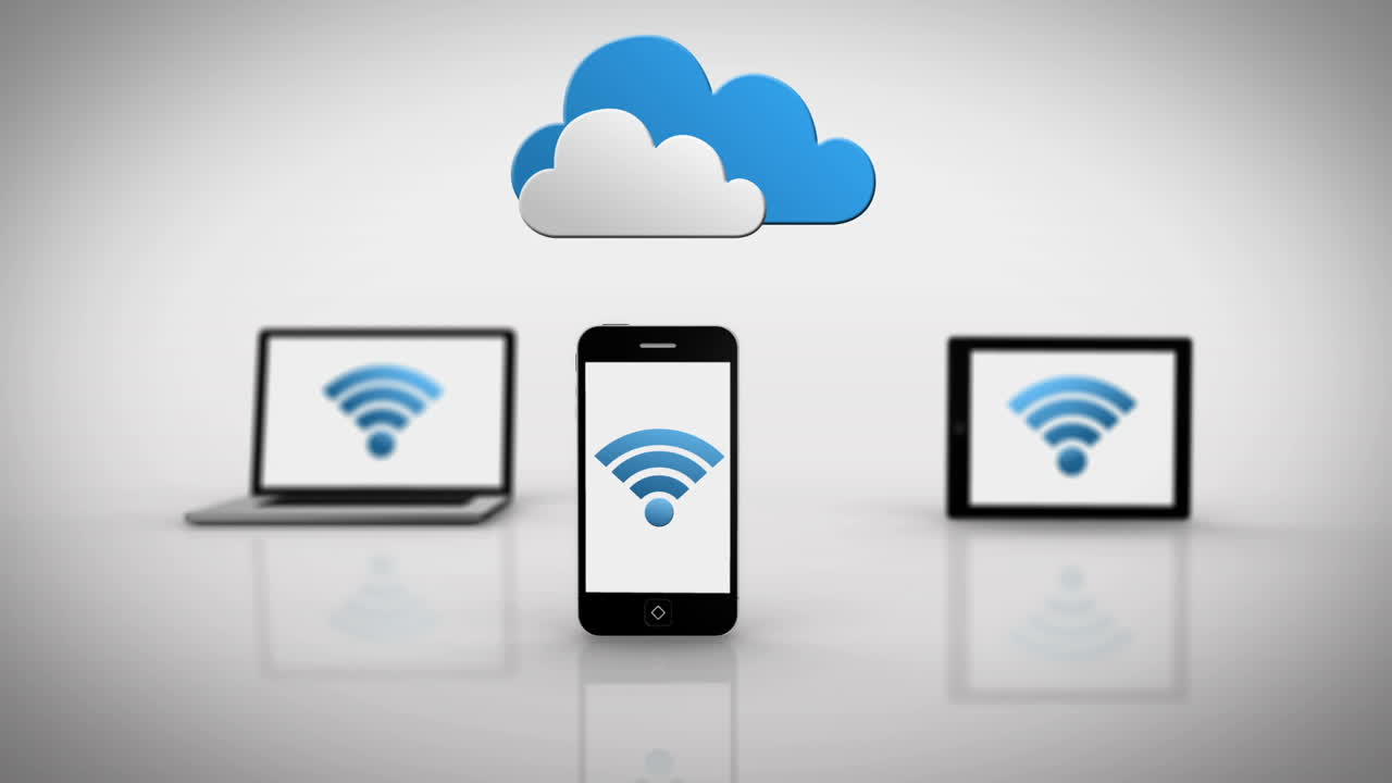 dispositivos de medios que muestran el símbolo wifi bajo las nubes