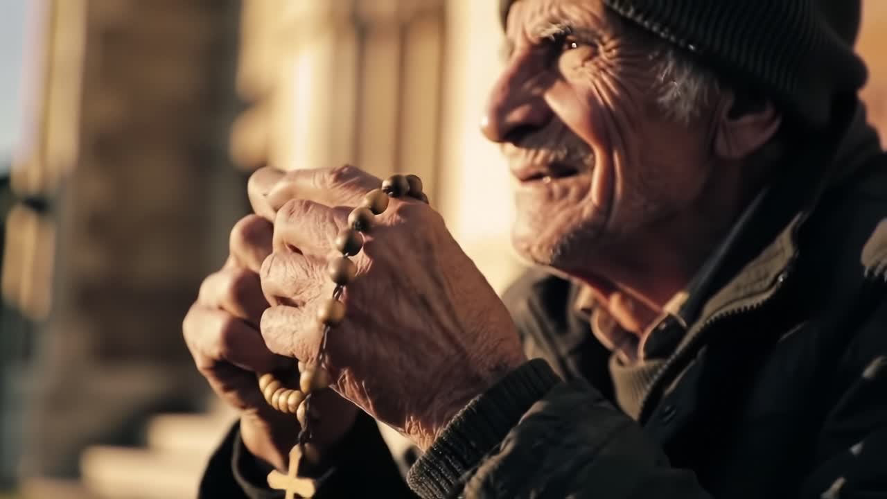 Contemplative Moment: An Elderly Individual Reflects on Life While Holding a Rosary in a Serene Outdoor Setting, Emphasizing Faith, Wisdom, and Tranquility