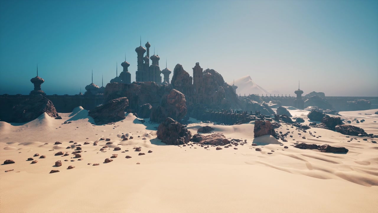 Abandoned fortress silhouetted against intense midday sun on scorched dunes