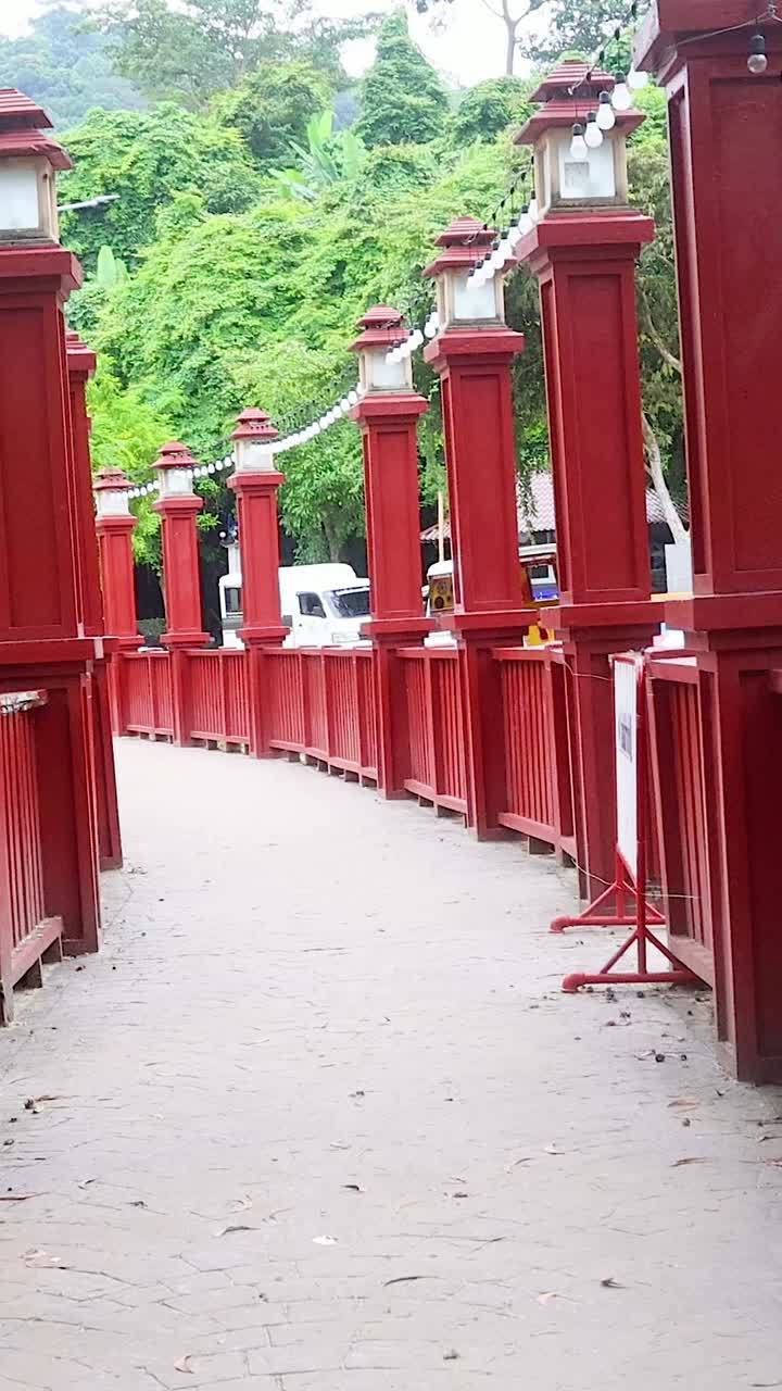 vista panorámica de un puente peatonal rojo