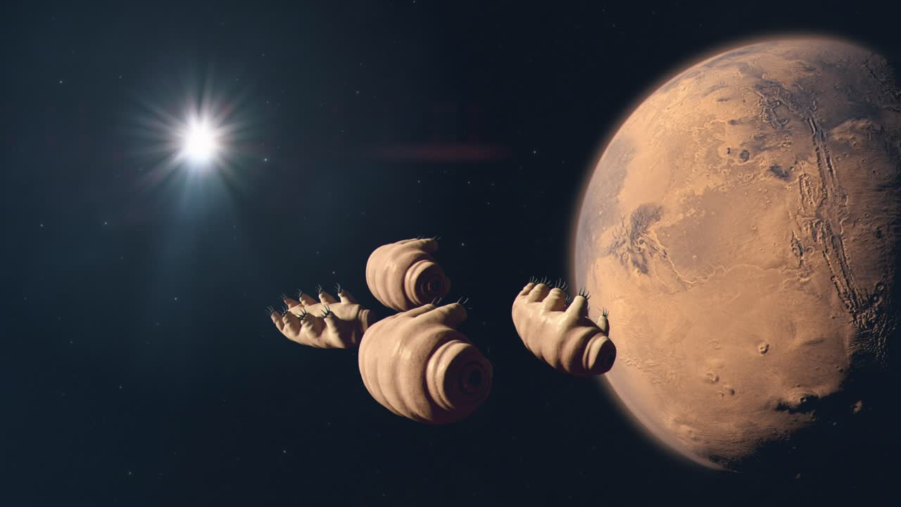 Plusieurs tardigrades voyageant à travers les profondeurs de l'espace en direction de la planète Mars