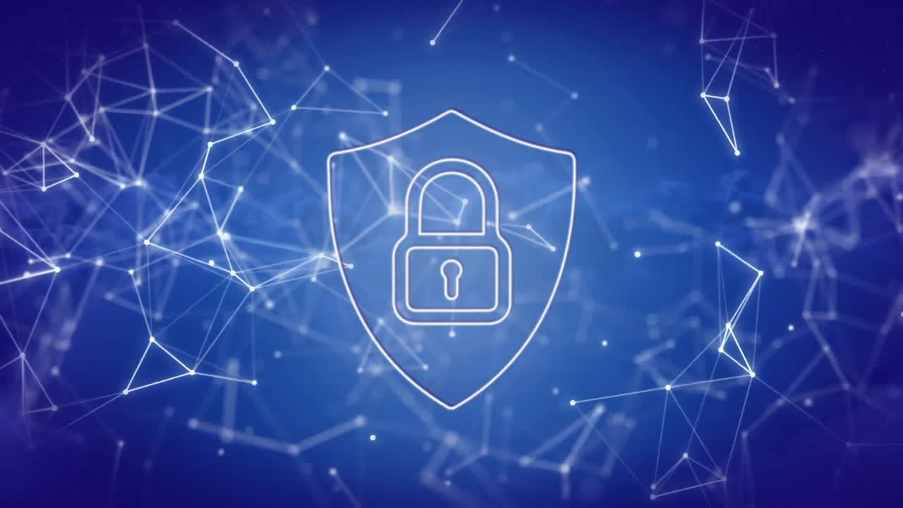 Animation of padlock over network of connections on blue background