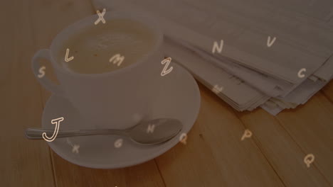 alphabets and coffee depict global finances on a wooden surface.