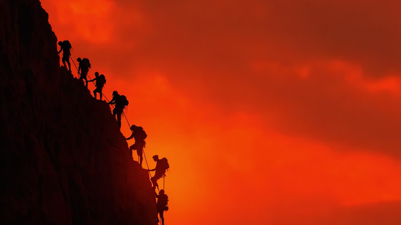 Adventurous Climbers Overcome Challenges Against a Stunning Sunset Backdrop, Capturing the Essence of Determination and the Beauty of Nature's Colors