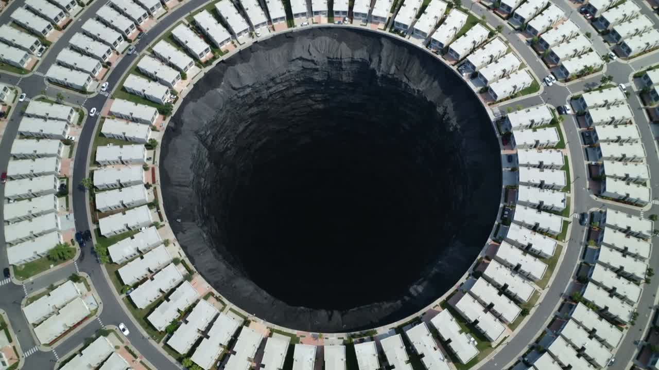 Drone camera zooming closer over ringed housing, revealing sinkhole walls and informing planning