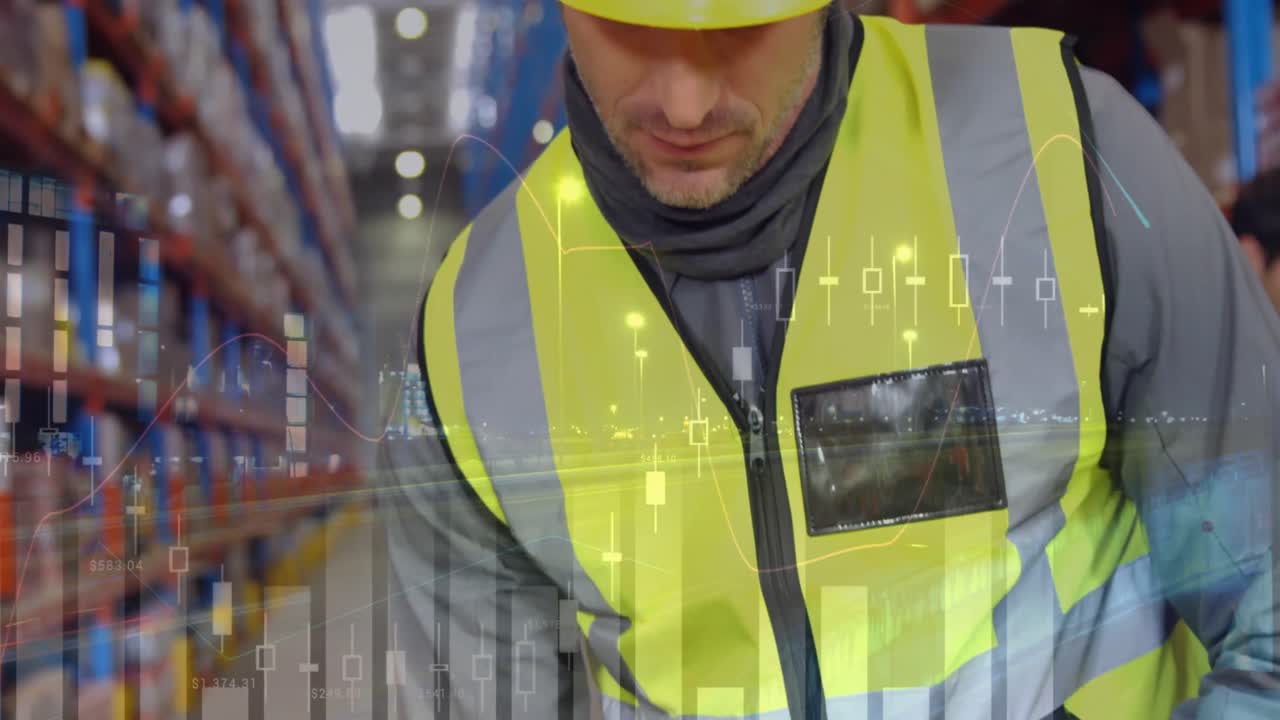 창고에서 일하는 사람에 대한 데이터 처리 애니메이션