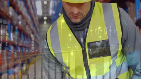 animación del procesamiento de datos sobre el hombre que trabaja en el almacén