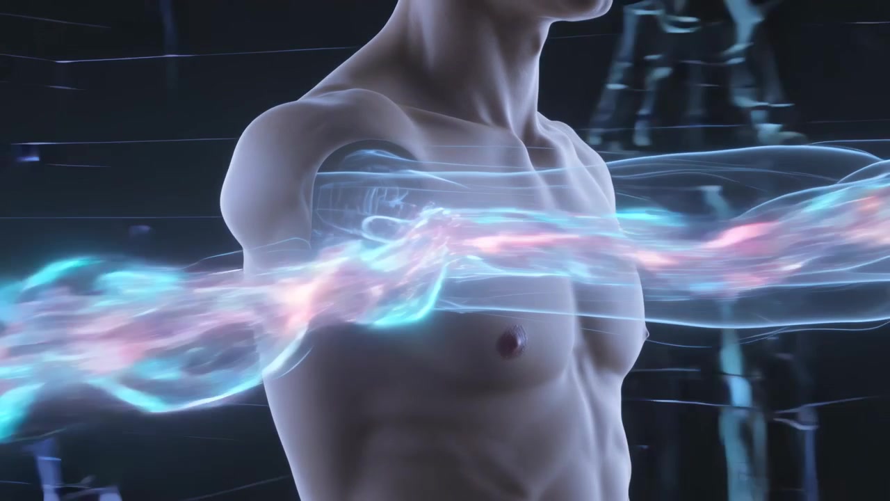 Entrando da sinistra, nastro luminoso che scorre attraverso un torso nudo in un laboratorio digitale, mostrando una guaina.