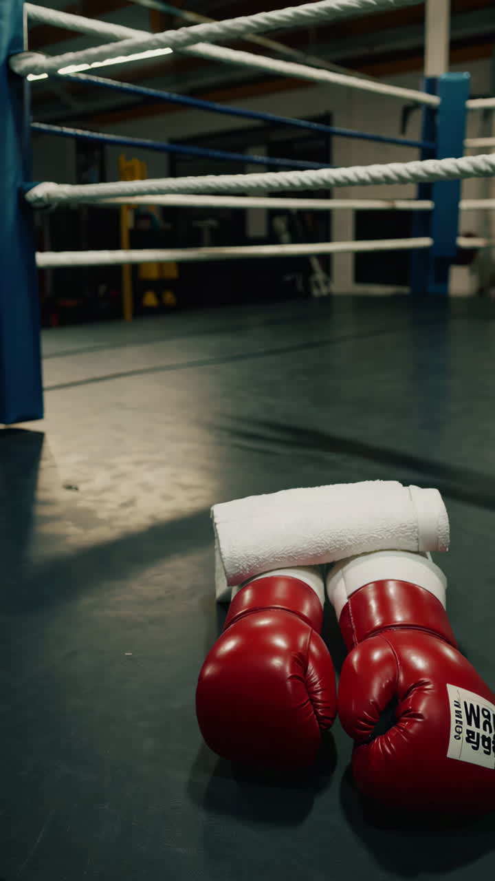 Boxing Gloves and Towels in a Boxing Ring