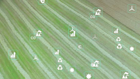 Animation-of-eco-icons-and-data-processing-over-countryside-farm-land