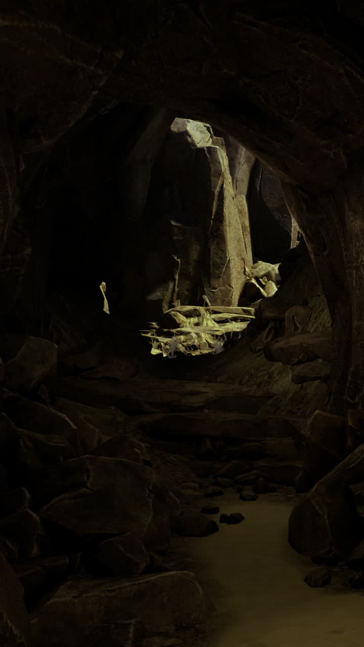 Esplorazione di una grotta oscura con formazioni rocciose e detriti sparsi.