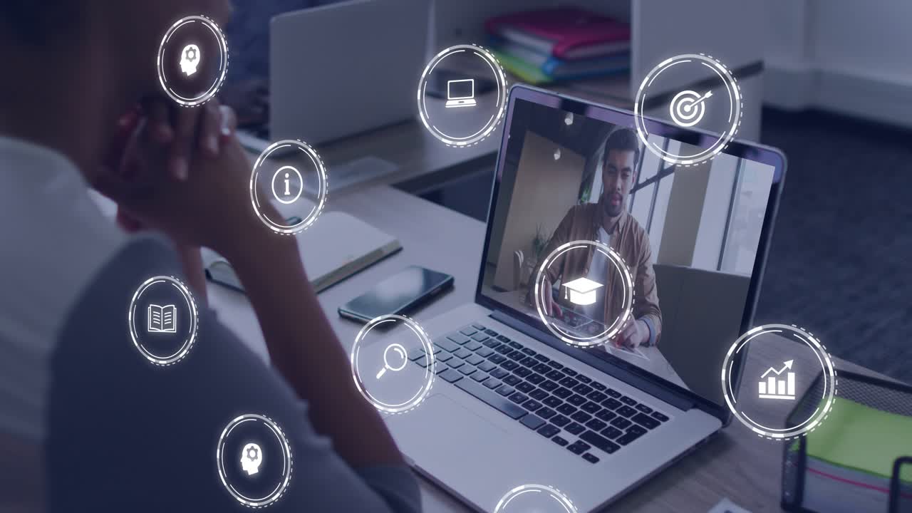 Woman joining remote call, colleague on laptop sparking floating icons over desk for business