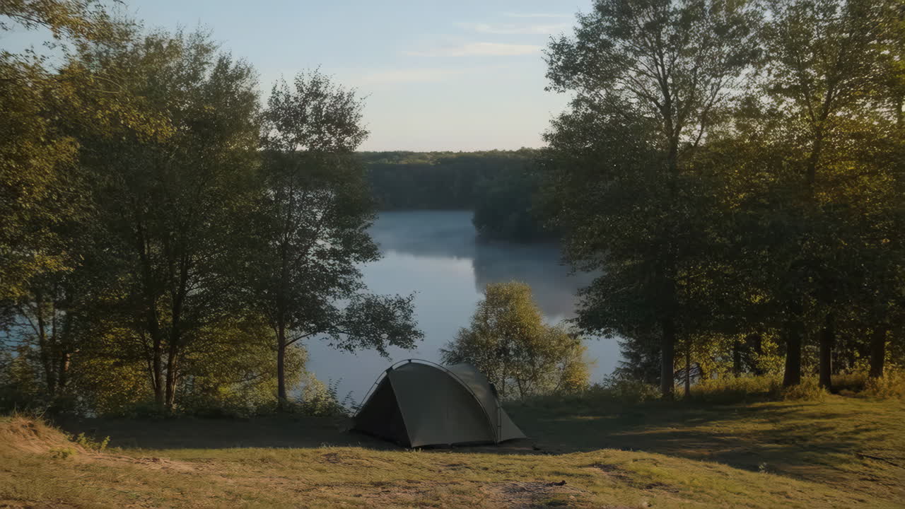 Tent by a misty lake in a forest