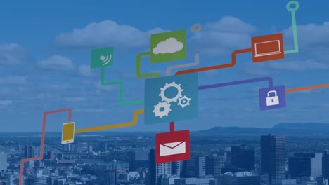 animación de diagrama de flujo de iconos sobre vista aérea de la ciudad contra el cielo nublado