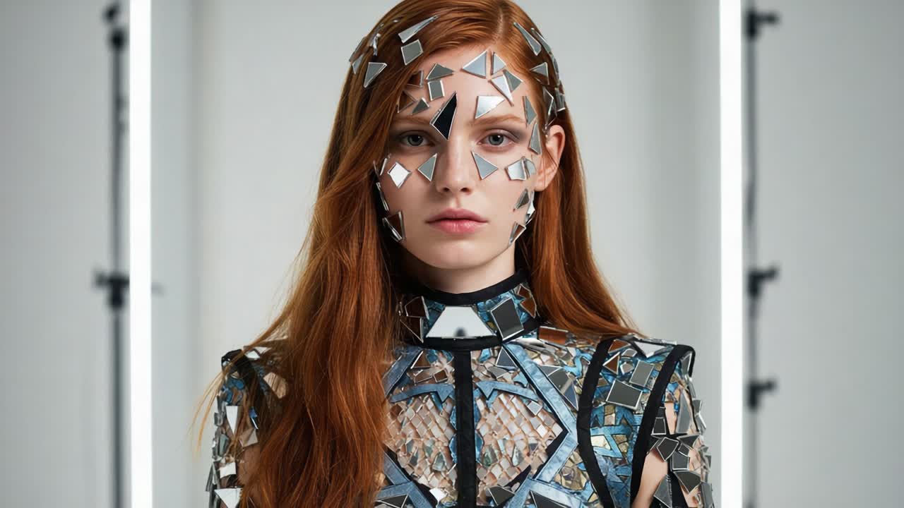 Stunning Portrait of a Model Adorned in Reflective Mosaic Face and Body Art, Captured in a Minimalist Studio Setting with Striking Lighting