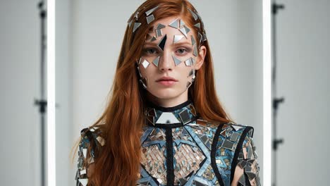 stunning portrait of a model adorned in reflective mosaic face and body art, captured in a minimalist studio setting with striking lighting