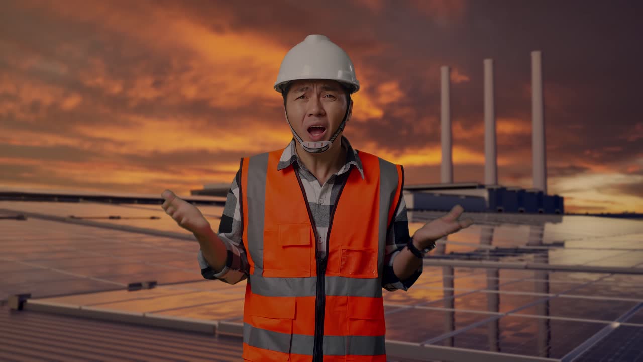 Undrende asiatisk mandlig ingeniør med sikkerhedshjelm, der tvivlende spørger 'hvorfor' under arbejdet, mens han inspicerer solpaneler på et tag ved solnedgang.